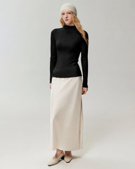 100% Cashmere Lettuce Trim Mock Neck Pullover