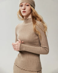 100% Cashmere Lettuce Trim Mock Neck Pullover