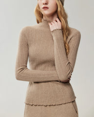 100% Cashmere Lettuce Trim Mock Neck Pullover
