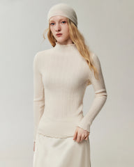 100% Cashmere Lettuce Trim Mock Neck Pullover