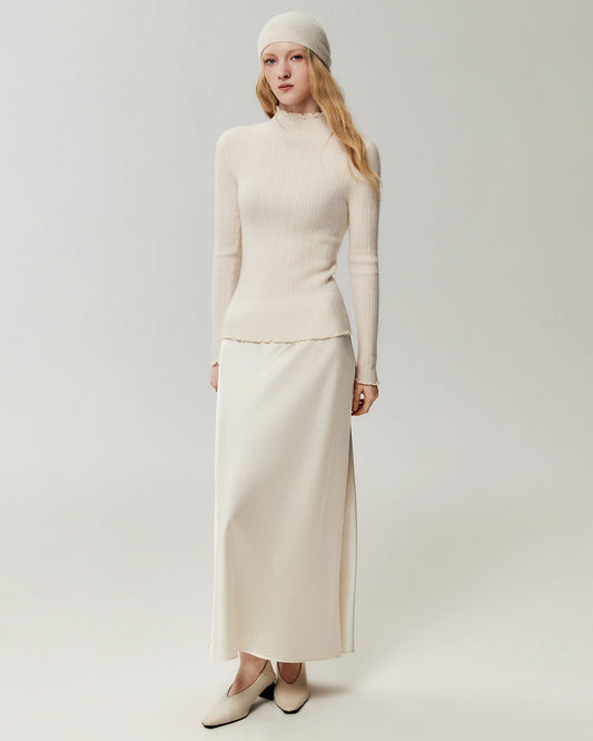 100% Cashmere Lettuce Trim Mock Neck Pullover