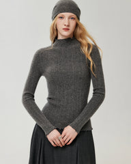 100% Cashmere Lettuce Trim Mock Neck Pullover