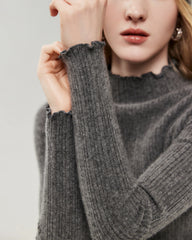 100% Cashmere Lettuce Trim Mock Neck Pullover