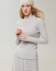 100% Cashmere Lettuce Trim Mock Neck Pullover