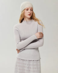 100% Cashmere Lettuce Trim Mock Neck Pullover