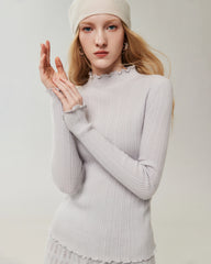 100% Cashmere Lettuce Trim Mock Neck Pullover