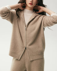 100% Cashmere Ribbed Hooded Zip-Up Cardigan