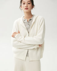 100% Cashmere Ribbed Hooded Zip-Up Cardigan