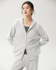 100% Cashmere Ribbed Hooded Zip-Up Cardigan
