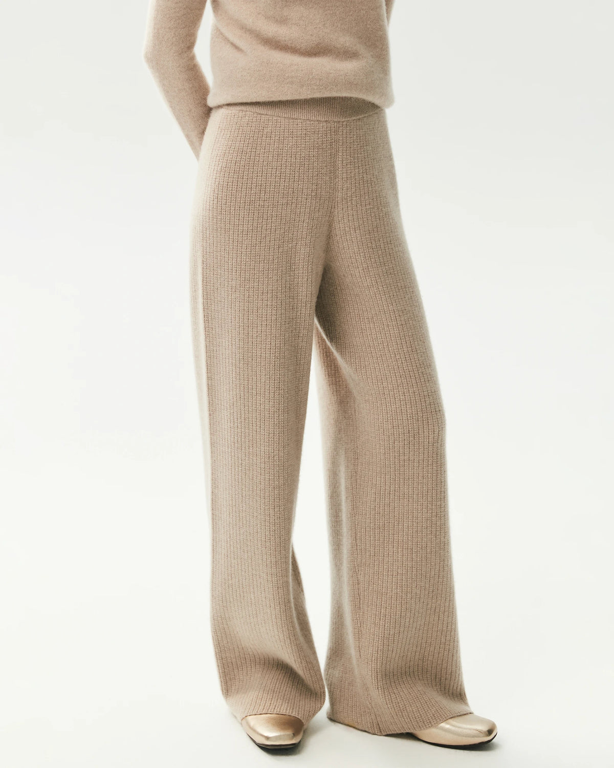 100% Cashmere Ribbed Wide-Leg Pants