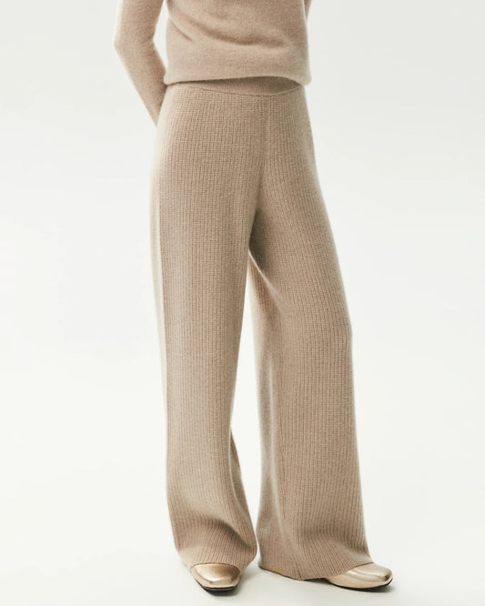 100% Cashmere Ribbed Wide-Leg Pants