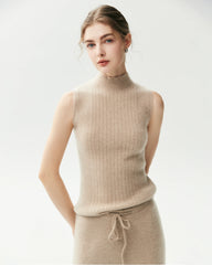 100% Cashmere Sleeveless Mock Neck Ribbed Top