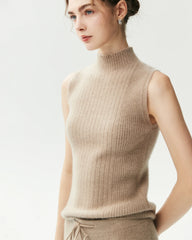 100% Cashmere Sleeveless Mock Neck Ribbed Top