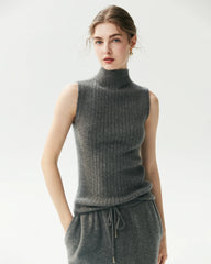 100% Cashmere Sleeveless Mock Neck Ribbed Top