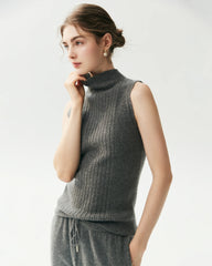 100% Cashmere Sleeveless Mock Neck Ribbed Top