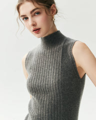 100% Cashmere Sleeveless Mock Neck Ribbed Top