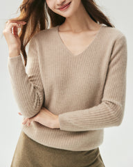100% Cashmere V-Neck Ribbed Knit Sweater