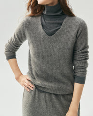 100% Cashmere V-Neck Ribbed Knit Sweater