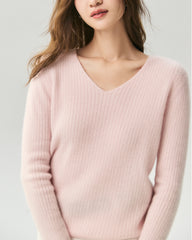 100% Cashmere V-Neck Ribbed Knit Sweater