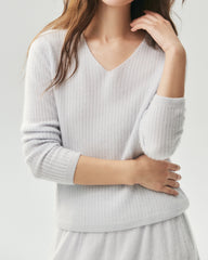 100% Cashmere V-Neck Ribbed Knit Sweater