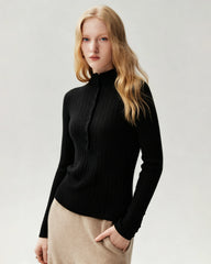 100% Pure Cashmere Button-Cuff Fitted Knit Top