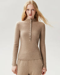 100% Pure Cashmere Button-Cuff Fitted Knit Top