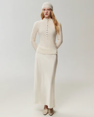 100% Pure Cashmere Button-Cuff Fitted Knit Top