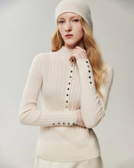 100% Pure Cashmere Button-Cuff Fitted Knit Top