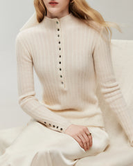 100% Pure Cashmere Button-Cuff Fitted Knit Top