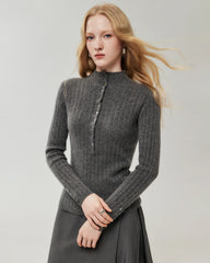 100% Pure Cashmere Button-Cuff Fitted Knit Top