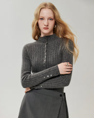 100% Pure Cashmere Button-Cuff Fitted Knit Top