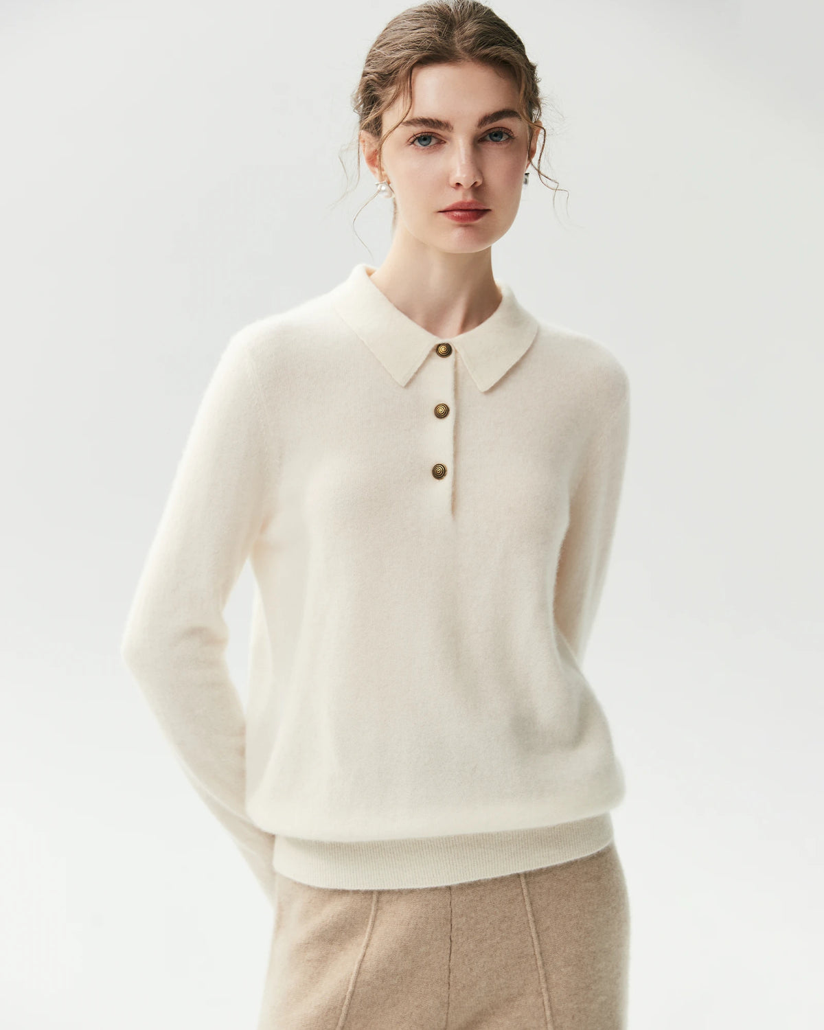 100% Pure Cashmere Collared Long Sleeve Knit Top