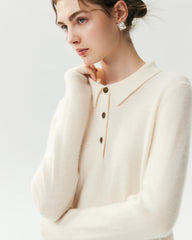 100% Pure Cashmere Collared Long Sleeve Knit Top