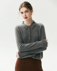100% Pure Cashmere Collared Long Sleeve Knit Top