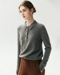 100% Pure Cashmere Collared Long Sleeve Knit Top