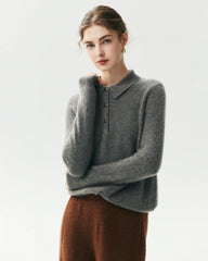 100% Pure Cashmere Collared Long Sleeve Knit Top