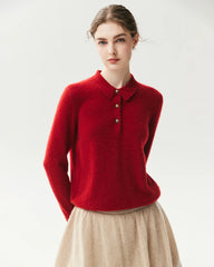 100% Pure Cashmere Collared Long Sleeve Knit Top