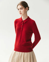 100% Pure Cashmere Collared Long Sleeve Knit Top