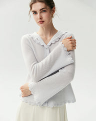 100% Pure Cashmere Crochet-Trim Hooded Cardigan
