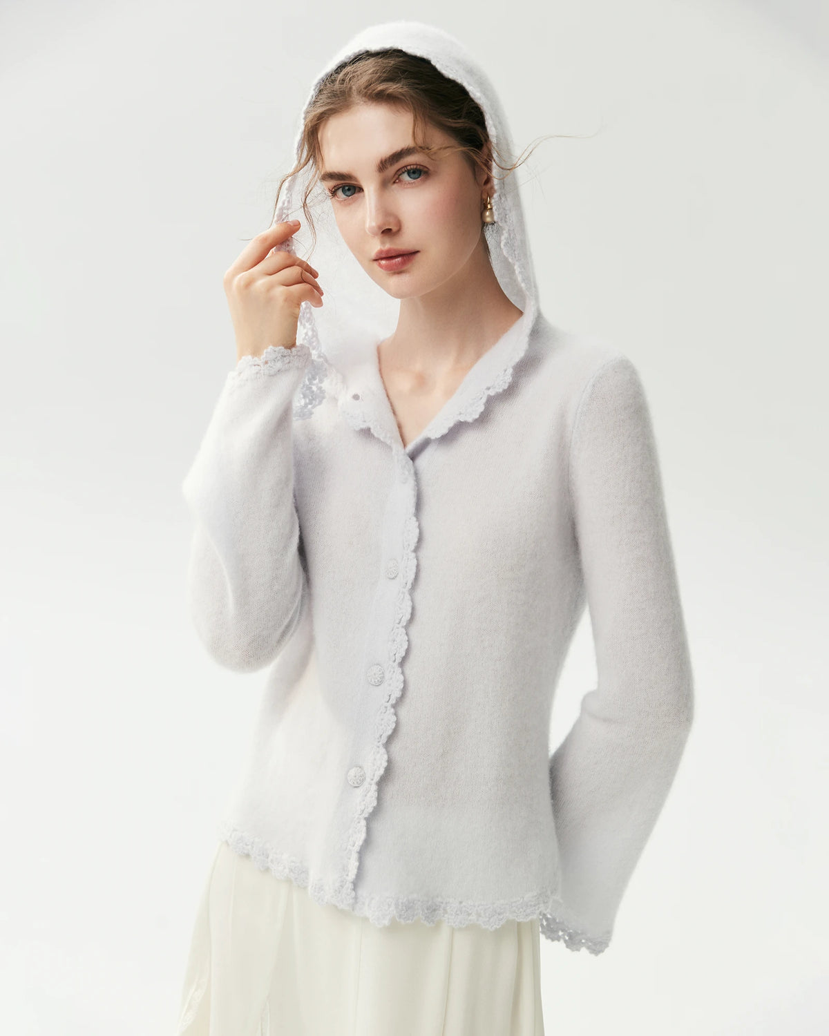 100% Pure Cashmere Crochet-Trim Hooded Cardigan