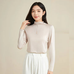 100% Silk Mock-Neck Top, Beige