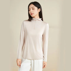 100% Silk Mock-Neck Top, Beige