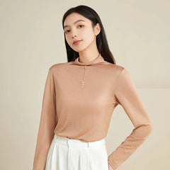 100% Silk Mock-Neck Top, Dark Beige