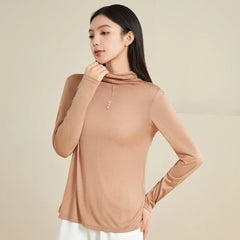 100% Silk Mock-Neck Top, Dark Beige