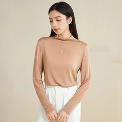 100% Silk Mock-Neck Top, Dark Beige