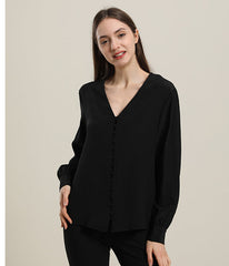 Deep V-Neck Long Sleeve Women Silk Blouse