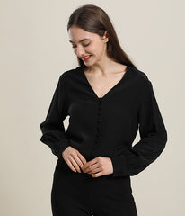 Deep V-Neck Long Sleeve Women Silk Blouse