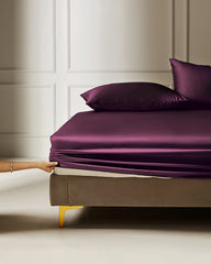Luxurious 3-piece Silk Bedding Set Including Fitted Sheet and Pillowcases, Dark Purple