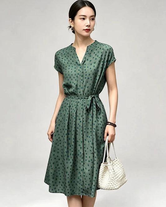 19 Momme Belted Silk A Line Dress in Verdant Dots