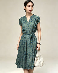 19 Momme Belted Silk A Line Dress in Verdant Dots